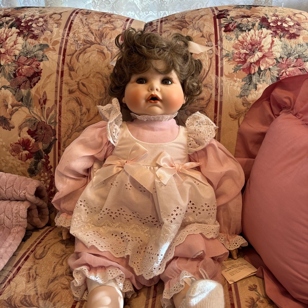 Marie Osmond Pink Porcelain Doll with Lace Dress